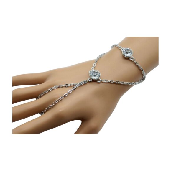 New Women Silver Metal Hand Chain Fashion Bracelet Connected Ring 2 Bling Beads - Picture 3 of 17